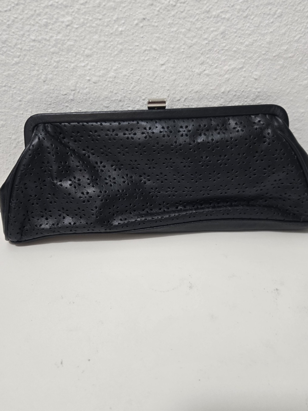 Apostrophe Double Frame Clutch Wallet - Black Perforated/laser Cut Leather Desig